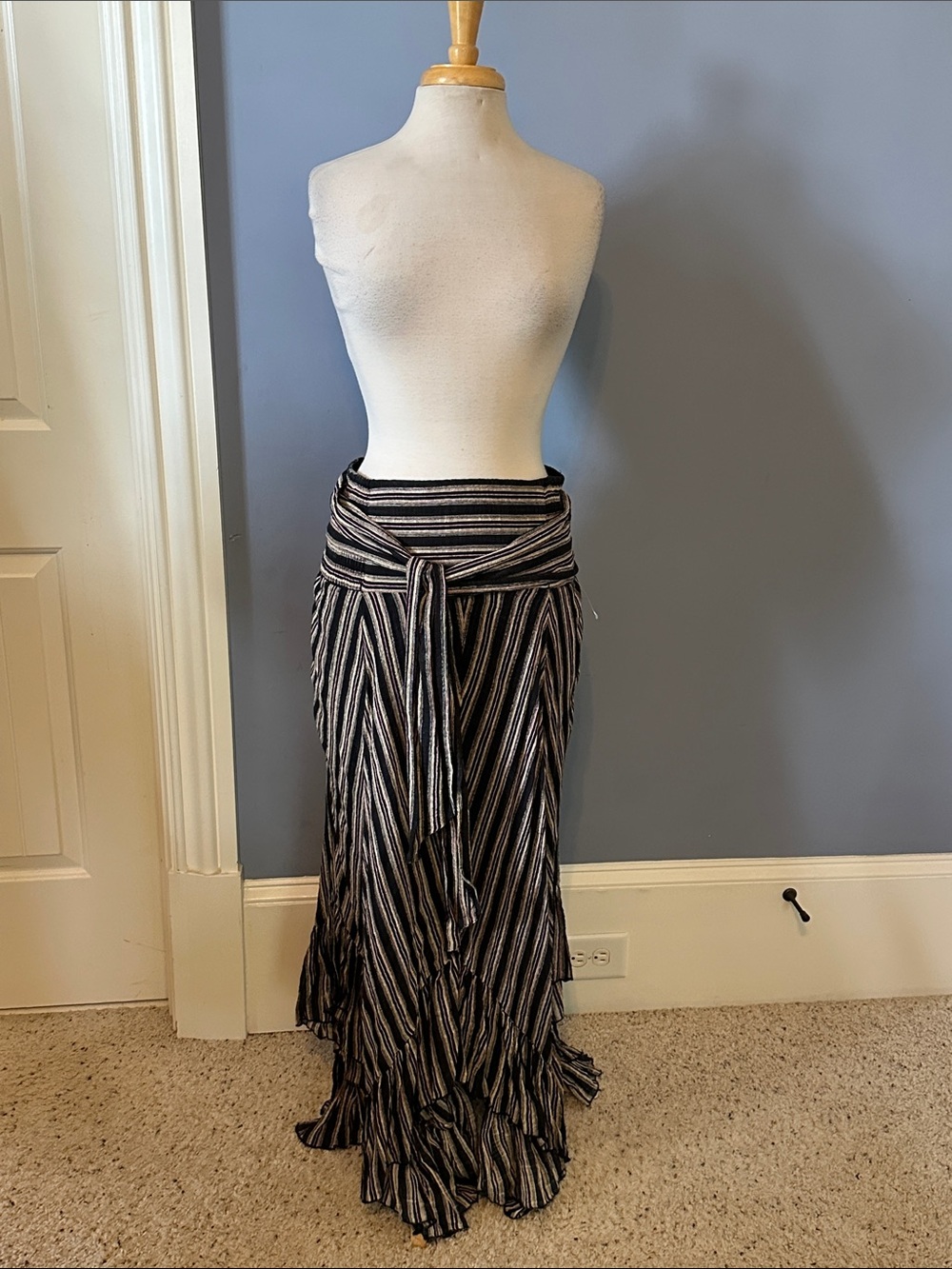 Free People Black and White Striped Wrap Maxi Skirt with Waist Tie